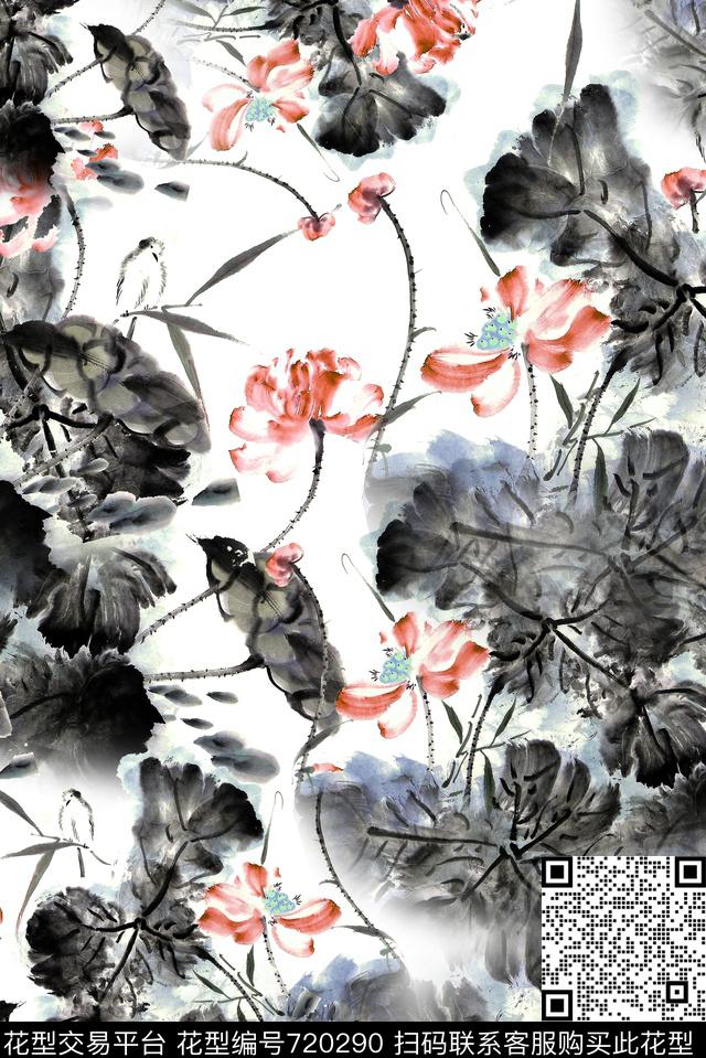 水墨中国风花卉数码印花华亿平台下载（图片编号: 720290） - 瓦栏（Walan）
