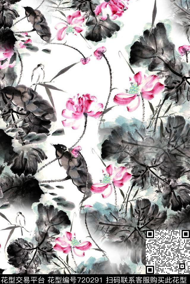 水墨中国风花卉数码印花华亿平台下载（图片编号: 720291） - 瓦栏（Walan）