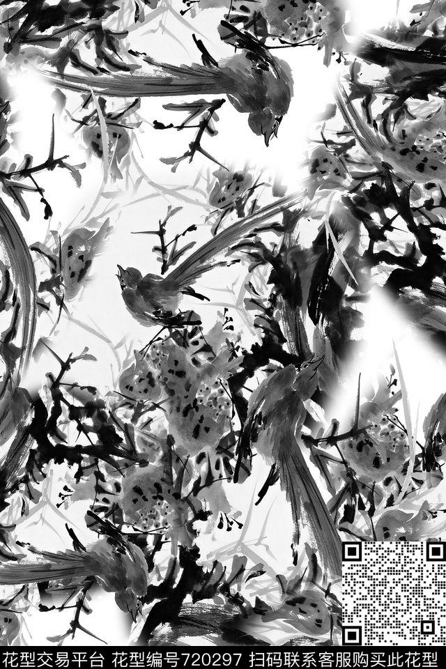 水墨中国风花卉数码印花华亿平台下载（图片编号: 720297） - 瓦栏（Walan）