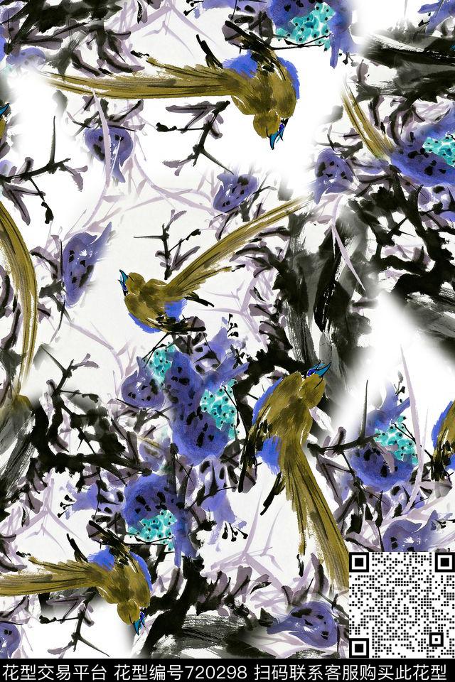 水墨中国风花卉数码印花华亿平台下载（图片编号: 720298） - 瓦栏（Walan）