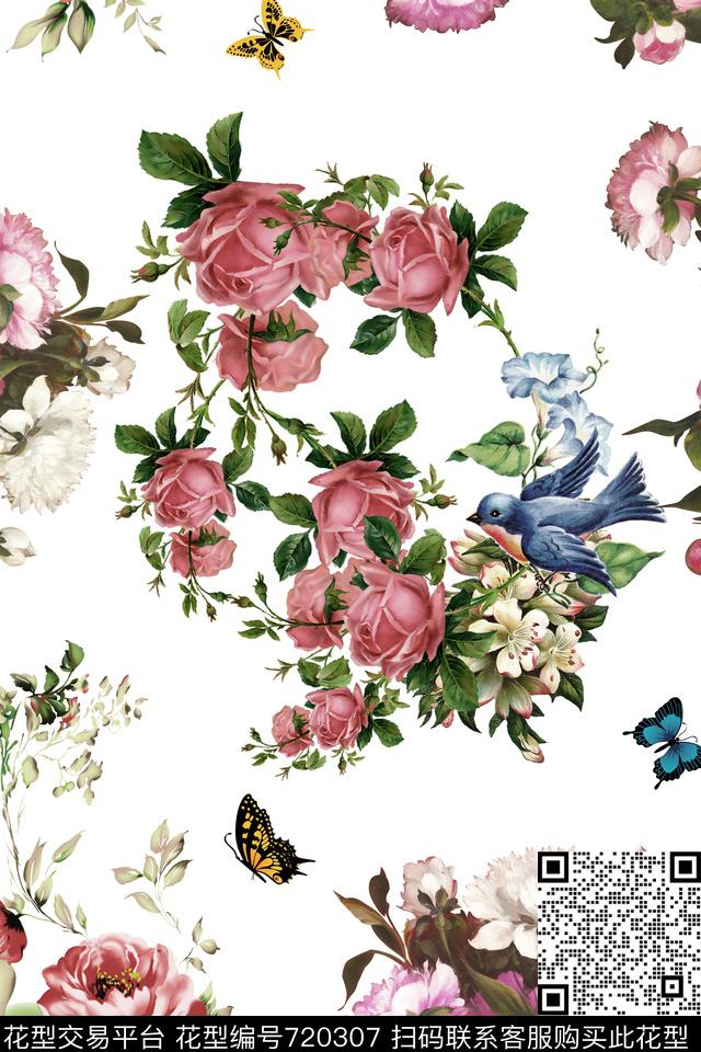 蝴蝶花鸟花卉数码印花华亿平台下载（图片编号: 720307） - 瓦栏（Walan）