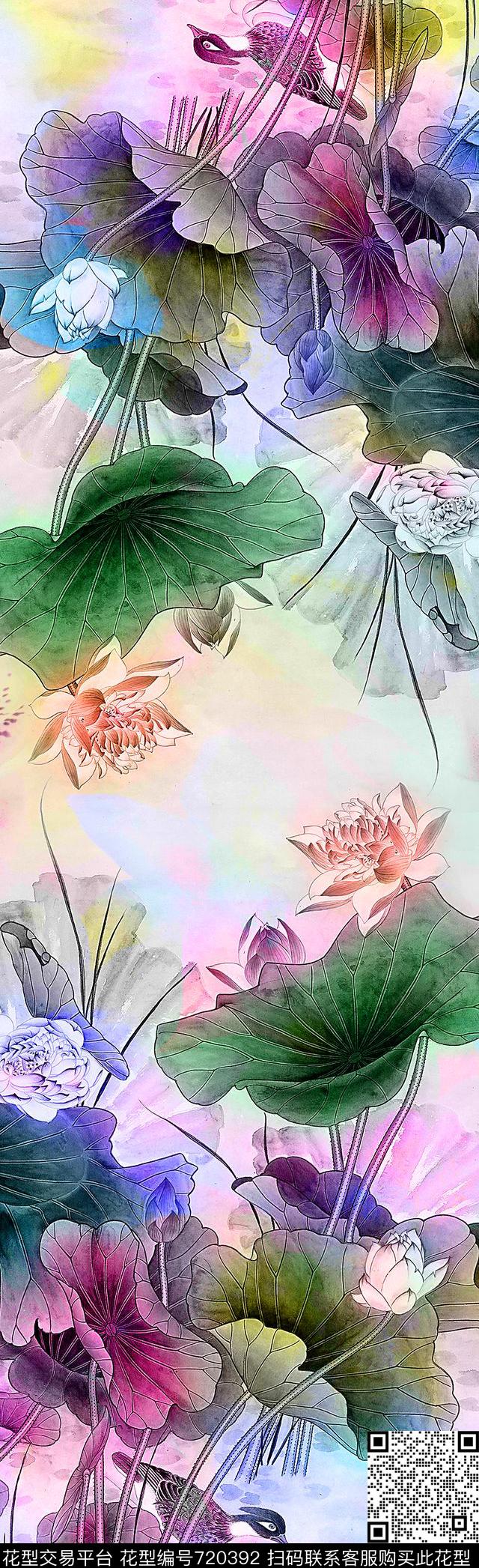 荷花彩色鸳鸯数码印花华亿平台下载（图片编号: 720392） - 瓦栏（Walan）
