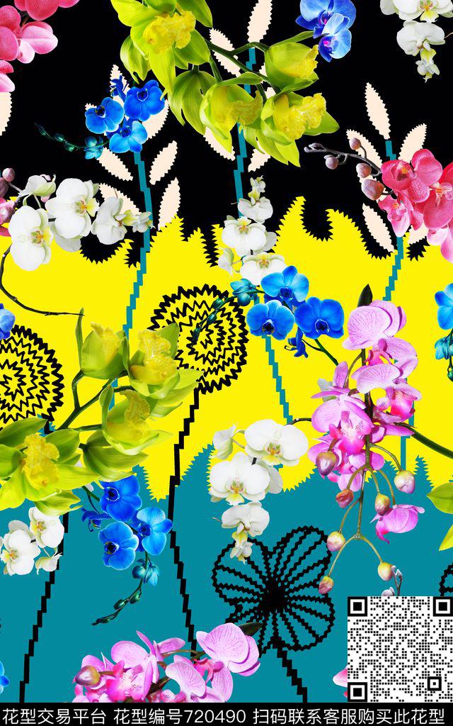 花朵花卉横条数码印花华亿平台下载（图片编号: 720490） - 瓦栏（Walan）