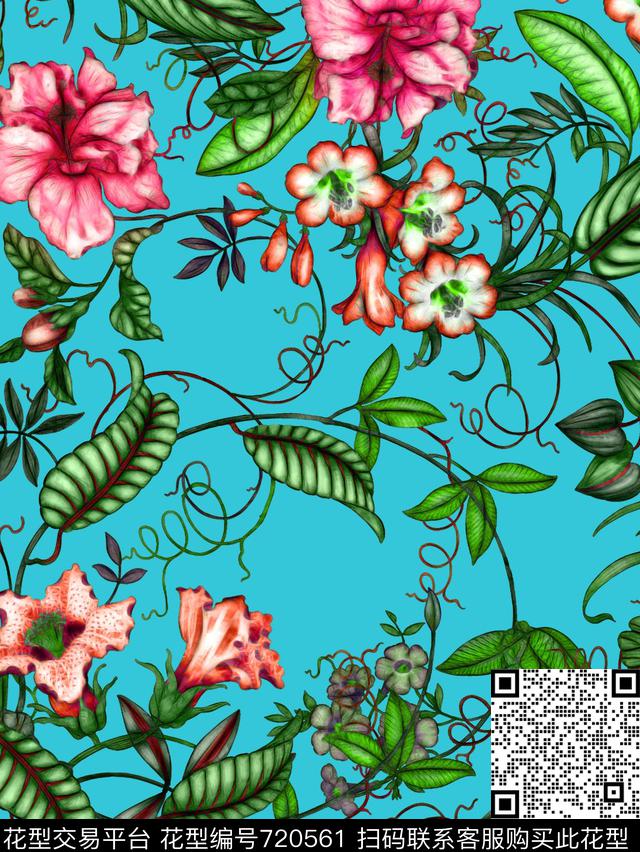小花散花叶子数码印花华亿平台下载（图片编号: 720561） - 瓦栏（Walan）