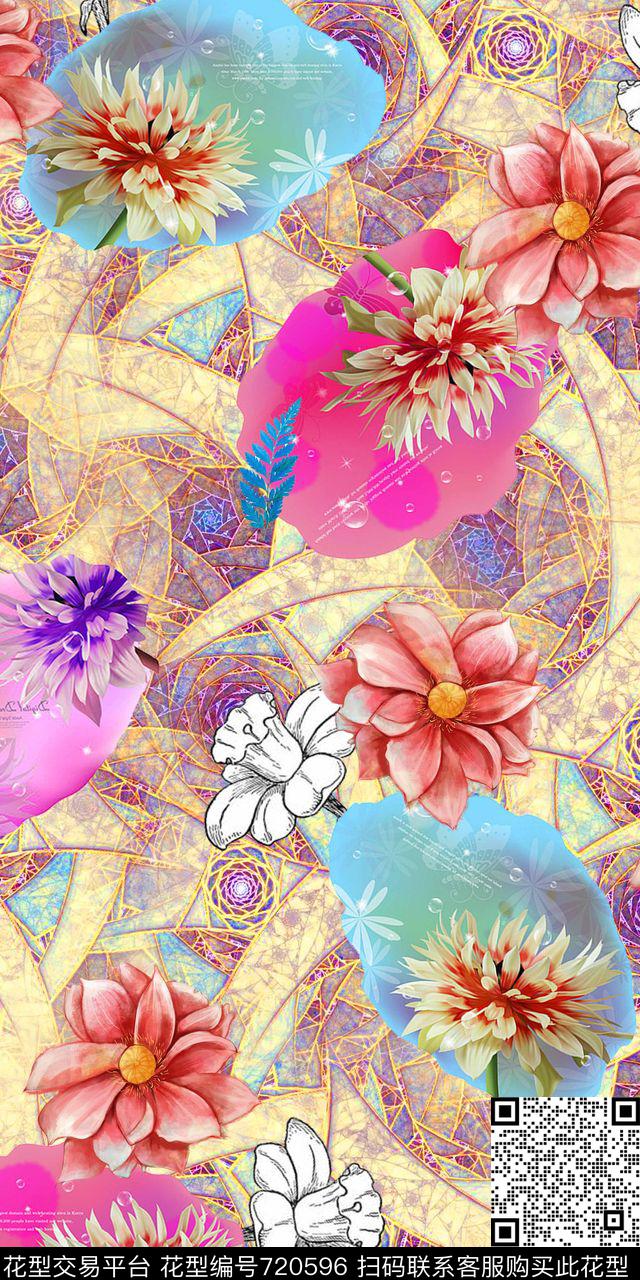 抽象手绘花卉云纹数码印花华亿平台下载（图片编号: 720596） - 瓦栏（Walan）
