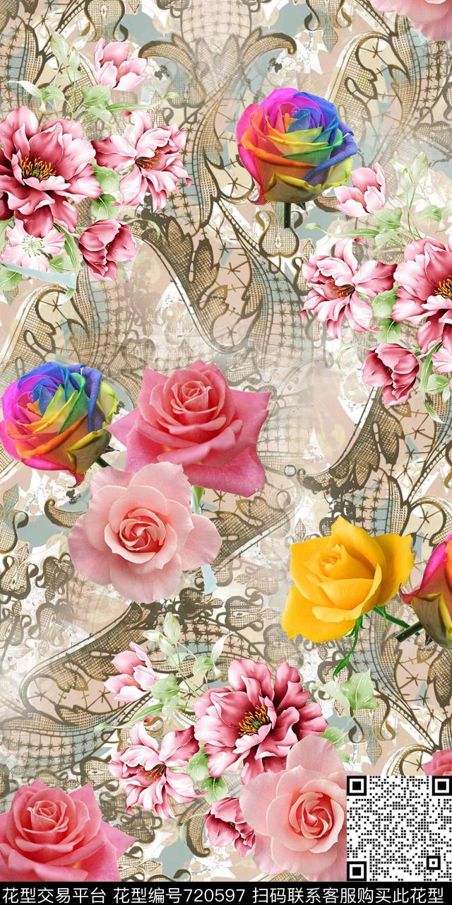 玫瑰花欧式复古底纹数码印花华亿平台下载（图片编号: 720597） - 瓦栏（Walan）