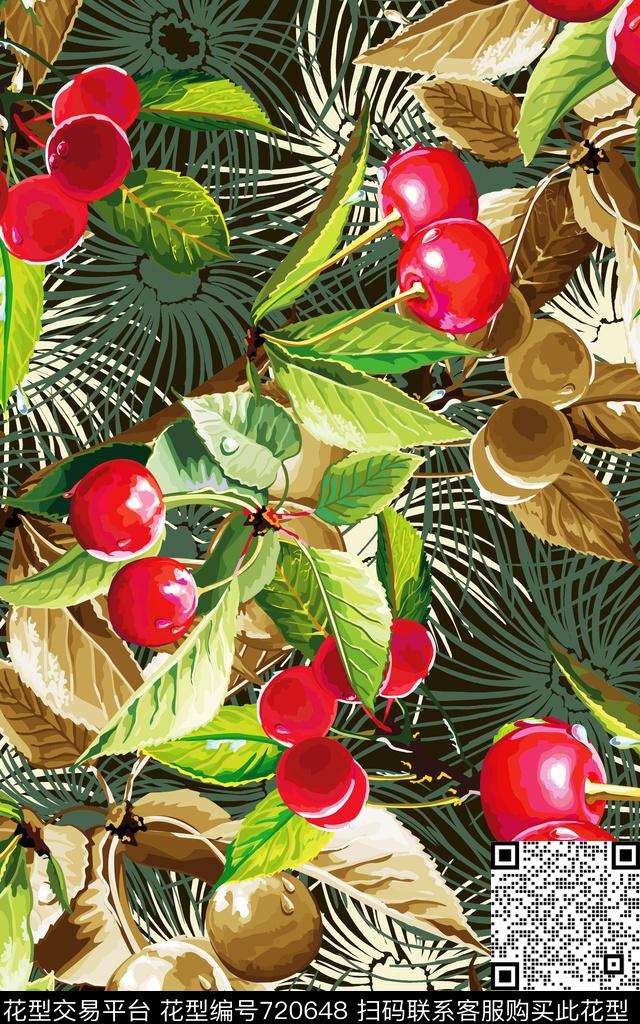 水果樱桃粽叶数码印花华亿平台下载（图片编号: 720648） - 瓦栏（Walan）