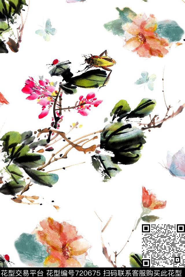 水墨中国风花卉数码印花华亿平台下载（图片编号: 720675） - 瓦栏（Walan）