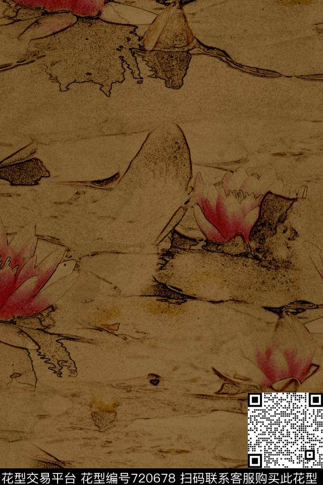 荷花水墨饰品数码印花华亿平台下载（图片编号: 720678） - 瓦栏（Walan）