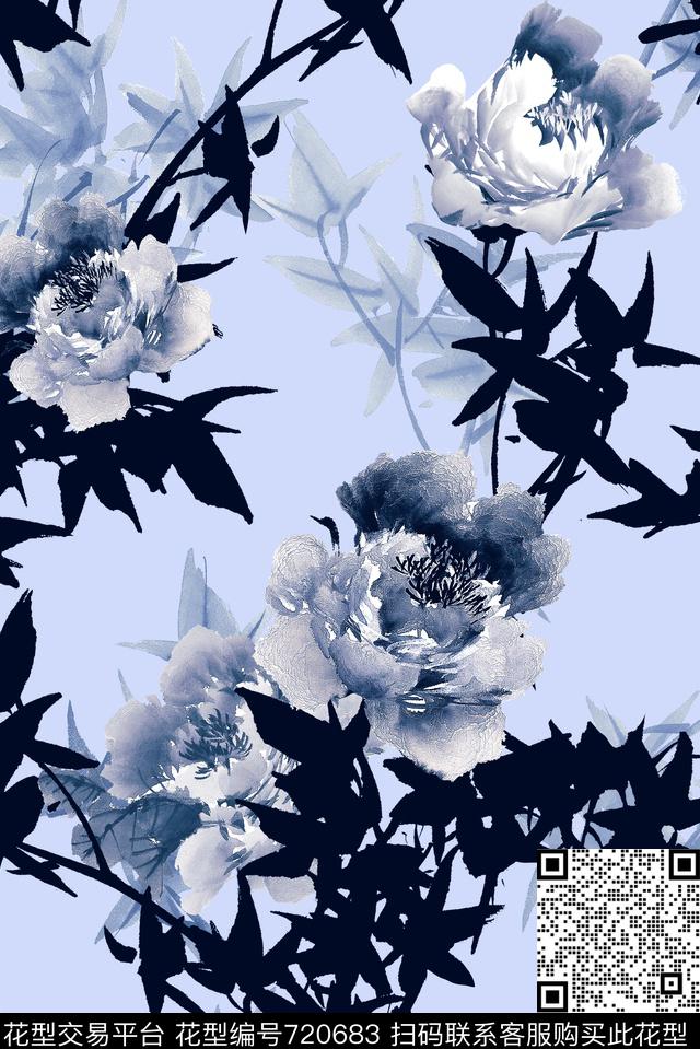 清爽淡雅水墨数码印花华亿平台下载（图片编号: 720683） - 瓦栏（Walan）