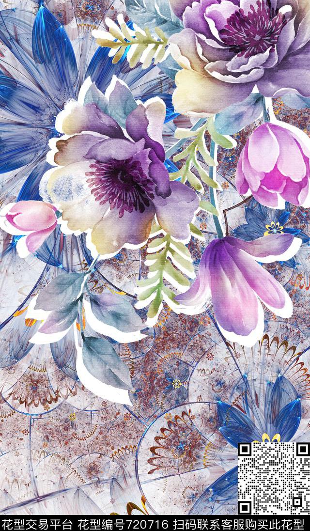定位手绘花卉数码印花华亿平台下载（图片编号: 720716） - 瓦栏（Walan）