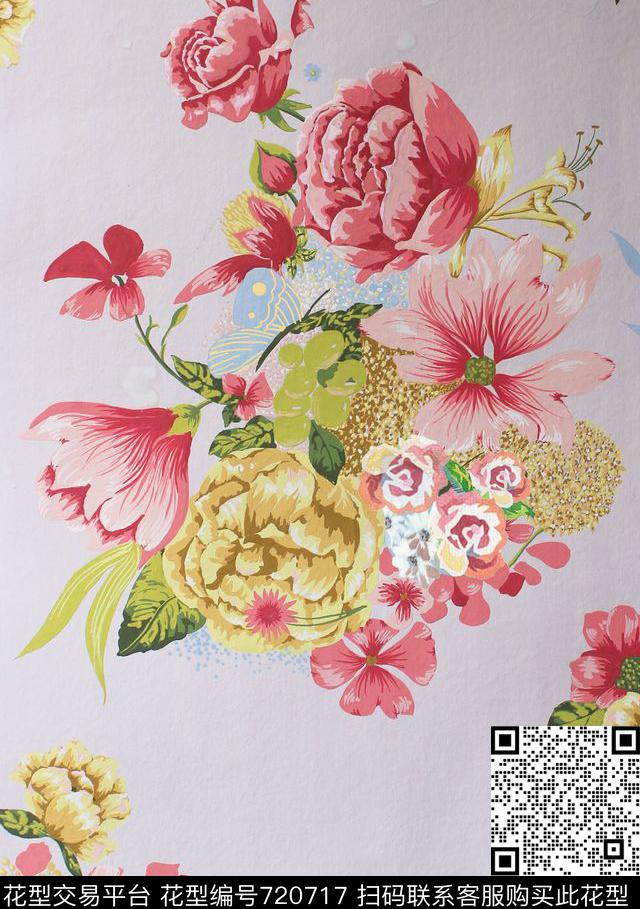 玫瑰玉兰花大花传统印花华亿平台下载（图片编号: 720717） - 瓦栏（Walan）