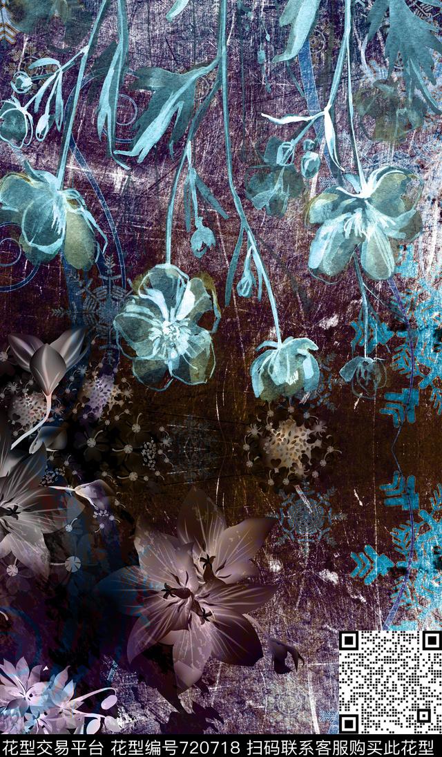 定位手绘花卉数码印花华亿平台下载（图片编号: 720718） - 瓦栏（Walan）