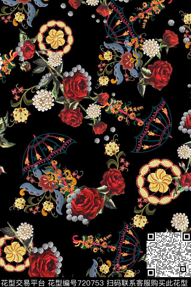 绣花油花花卉复古数码印花华亿平台下载（图片编号: 720753） - 瓦栏（Walan）