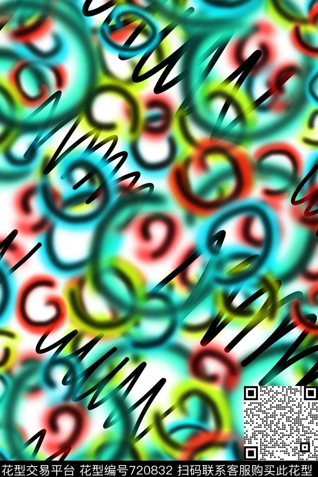 错乱荧光涂鸦圈圈小香风数码印花华亿平台下载（图片编号: 720832） - 瓦栏（Walan）