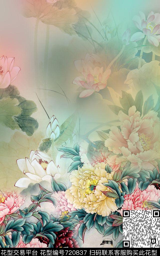 中国风晕染荷花数码印花华亿平台下载（图片编号: 720837） - 瓦栏（Walan）