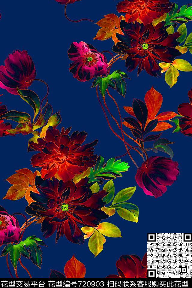 大花牡丹玫瑰数码印花华亿平台下载（图片编号: 720903） - 瓦栏（Walan）