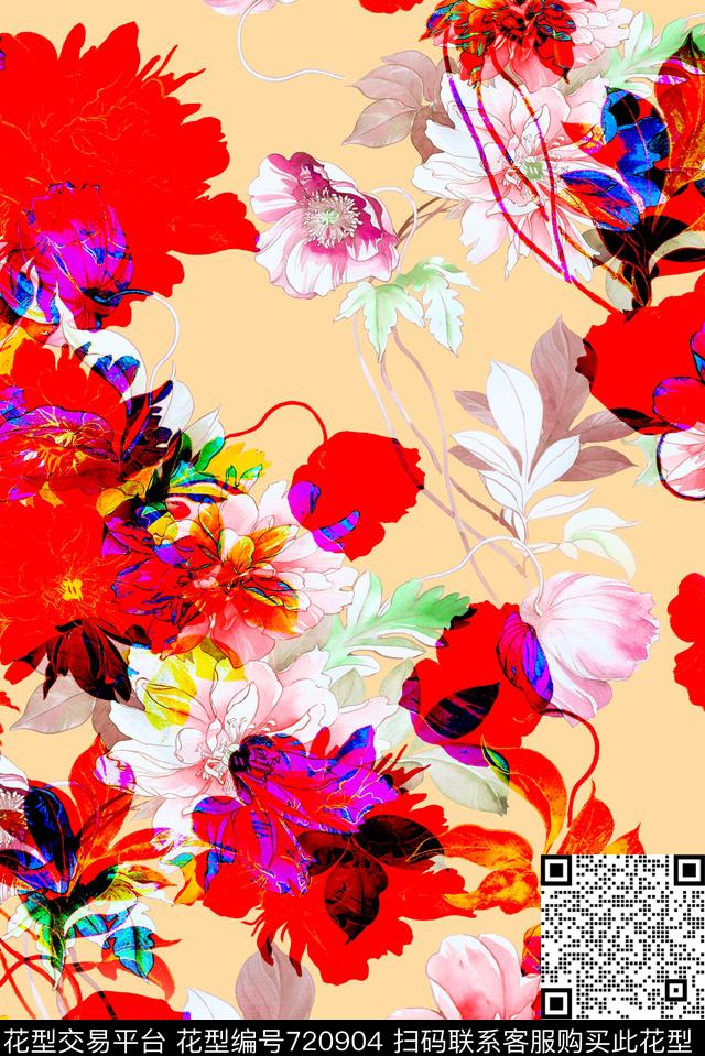 大花牡丹玫瑰数码印花华亿平台下载（图片编号: 720904） - 瓦栏（Walan）