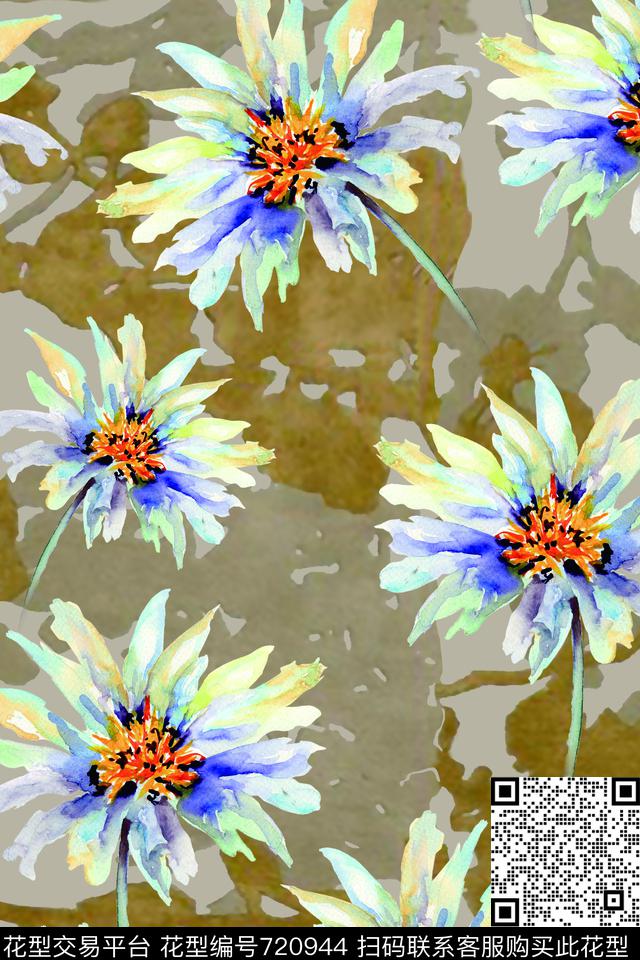 水彩中国风雏菊数码印花华亿平台下载（图片编号: 720944） - 瓦栏（Walan）