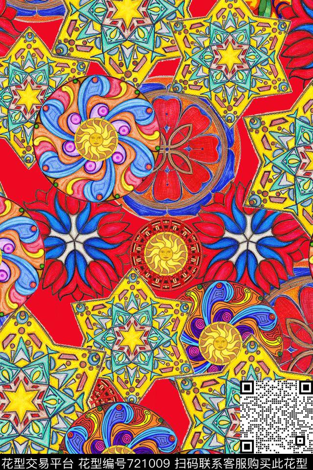 民族风手绘涂鸦几何圆圈数码印花华亿平台下载（图片编号: 721009） - 瓦栏（Walan）