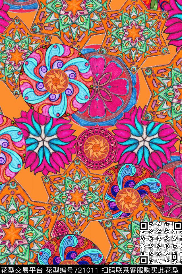 民族风手绘涂鸦几何圆圈数码印花华亿平台下载（图片编号: 721011） - 瓦栏（Walan）