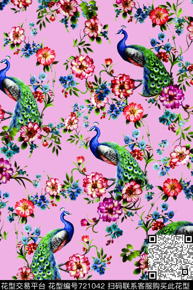 孔雀花卉小碎花数码印花华亿平台下载（图片编号: 721042） - 瓦栏（Walan）