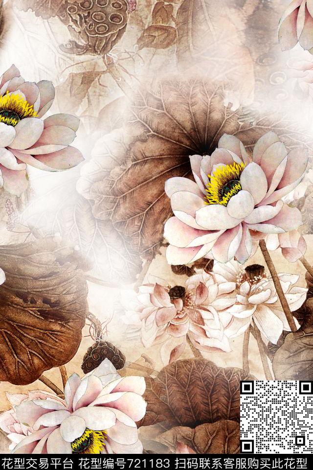 民族风中国风荷花数码印花华亿平台下载（图片编号: 721183） - 瓦栏（Walan）