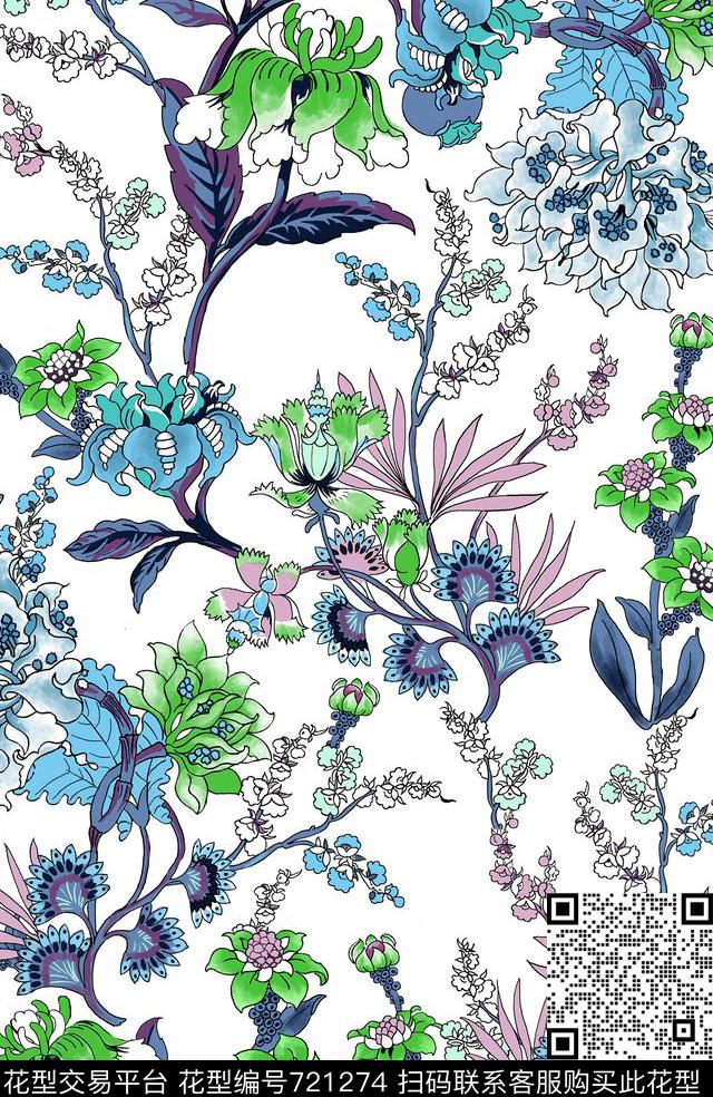 花卉图腾复古卷草华亿平台传统印花华亿平台下载（图片编号: 721274） - 瓦栏（Walan）
