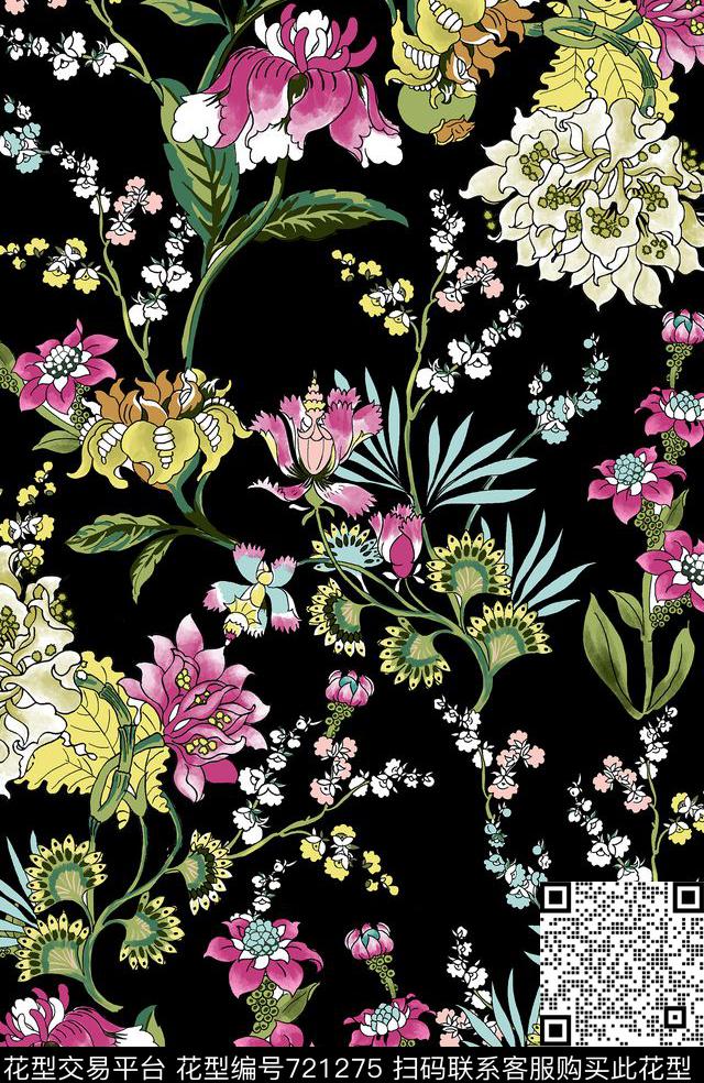 花卉图腾复古卷草华亿平台传统印花华亿平台下载（图片编号: 721275） - 瓦栏（Walan）