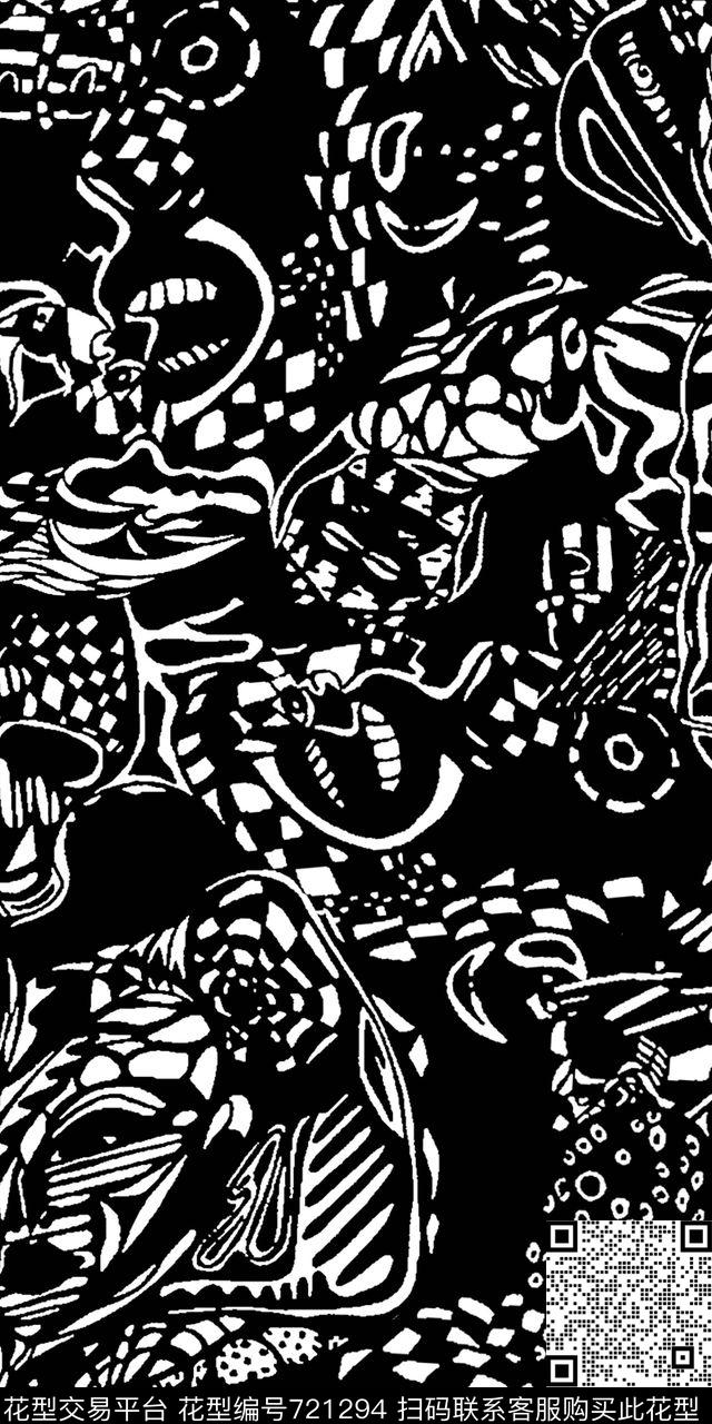 单色黑底黑白传统印花华亿平台下载（图片编号: 721294） - 瓦栏（Walan）