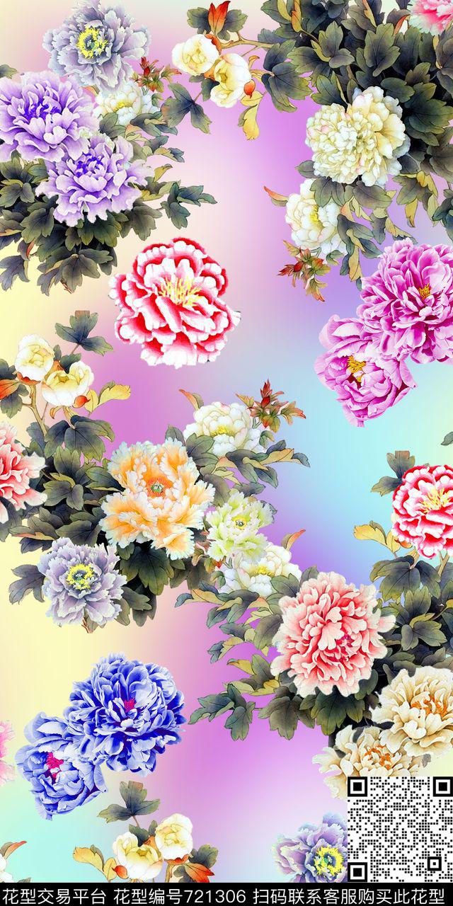 牡丹云纹素雅大气数码印花华亿平台下载（图片编号: 721306） - 瓦栏（Walan）