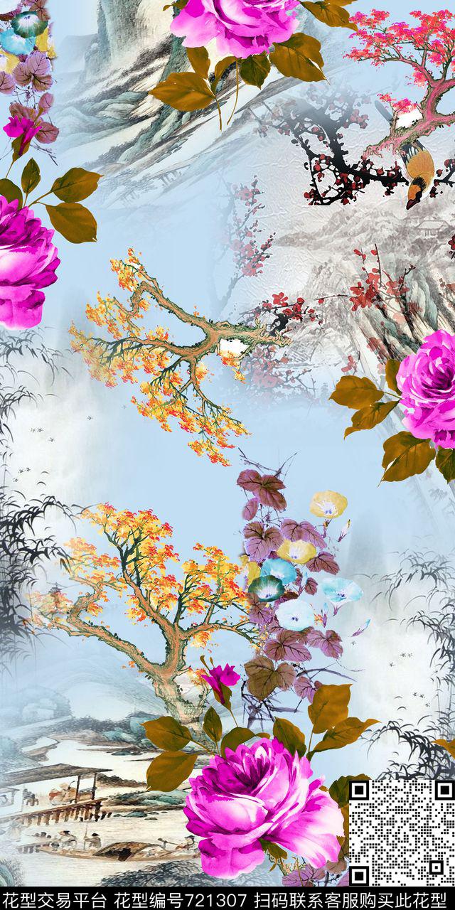 发财树手绘花云纹数码印花华亿平台下载（图片编号: 721307） - 瓦栏（Walan）