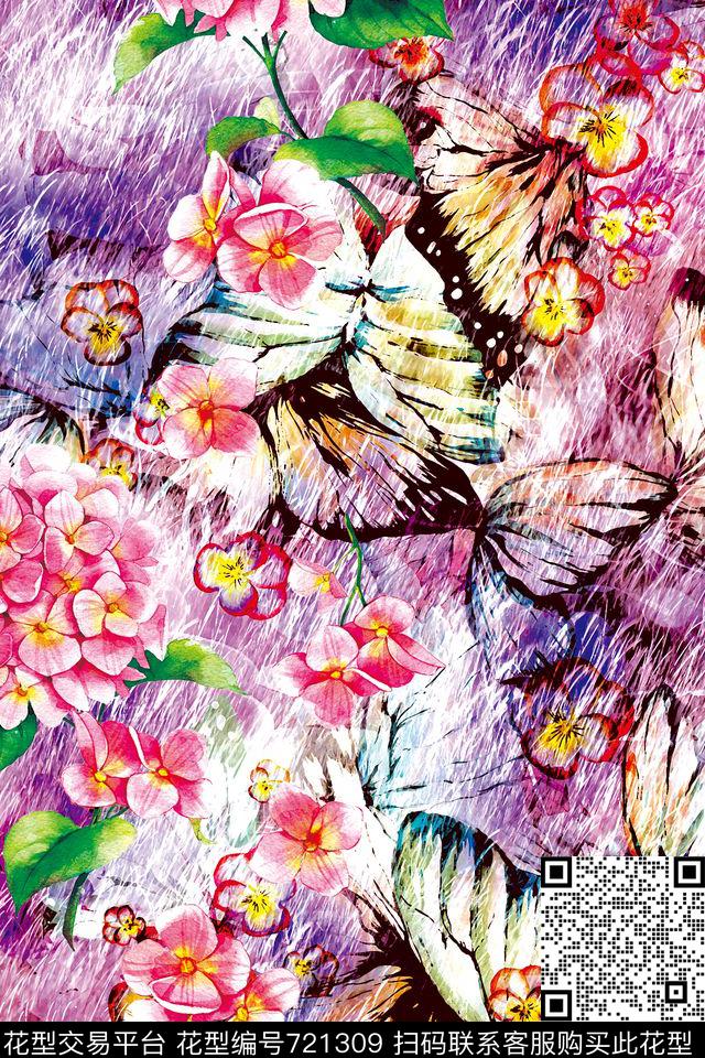 花卉绣球花蝴蝶数码印花华亿平台下载（图片编号: 721309） - 瓦栏（Walan）