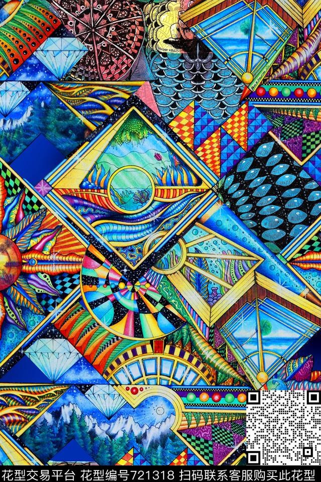 几何拼接风景数码印花华亿平台下载（图片编号: 721318） - 瓦栏（Walan）