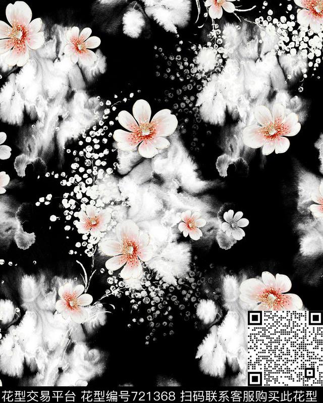 黑底晕染底纹花卉数码印花华亿平台下载（图片编号: 721368） - 瓦栏（Walan）