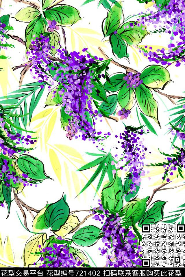流行时尚薰衣草水彩数码印花华亿平台下载（图片编号: 721402） - 瓦栏（Walan）