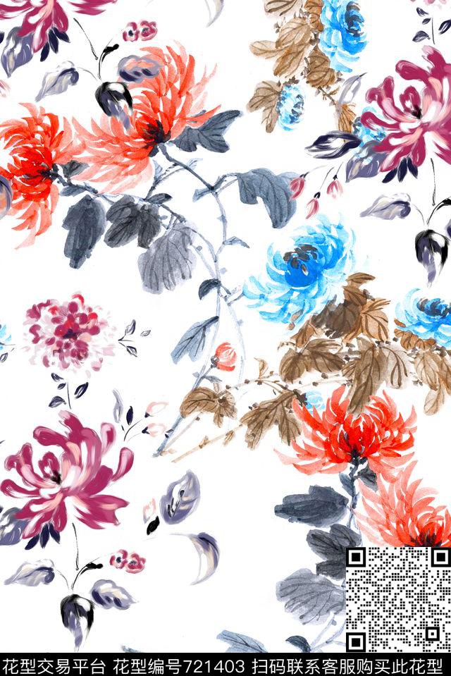 手绘水墨花卉数码印花华亿平台下载（图片编号: 721403） - 瓦栏（Walan）