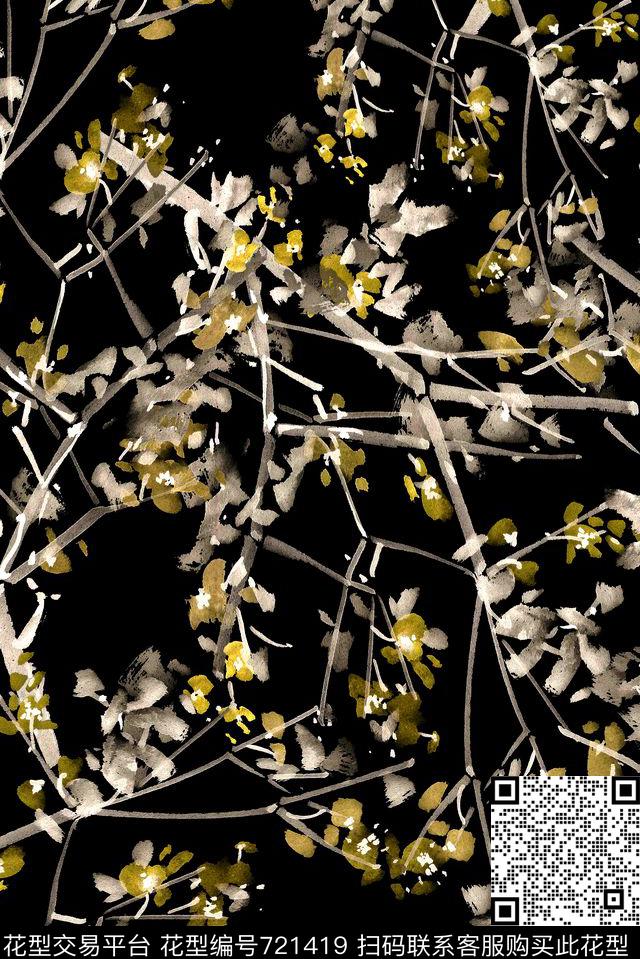 手绘抽象水墨数码印花华亿平台下载（图片编号: 721419） - 瓦栏（Walan）