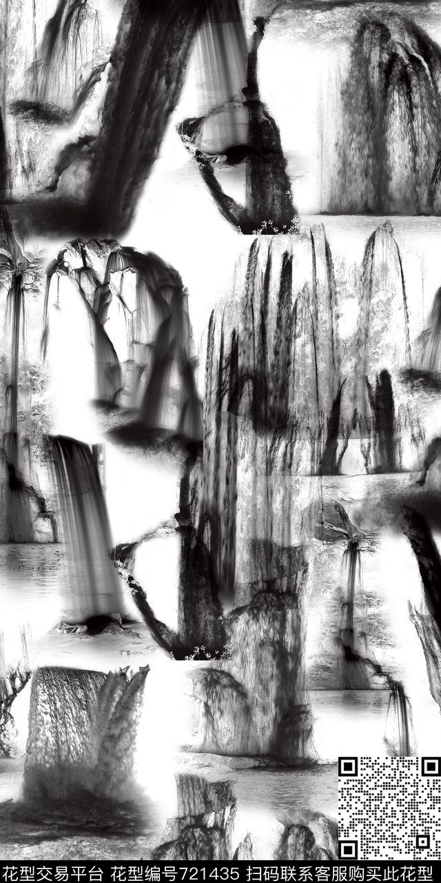 抽象水墨黑白数码印花华亿平台下载（图片编号: 721435） - 瓦栏（Walan）