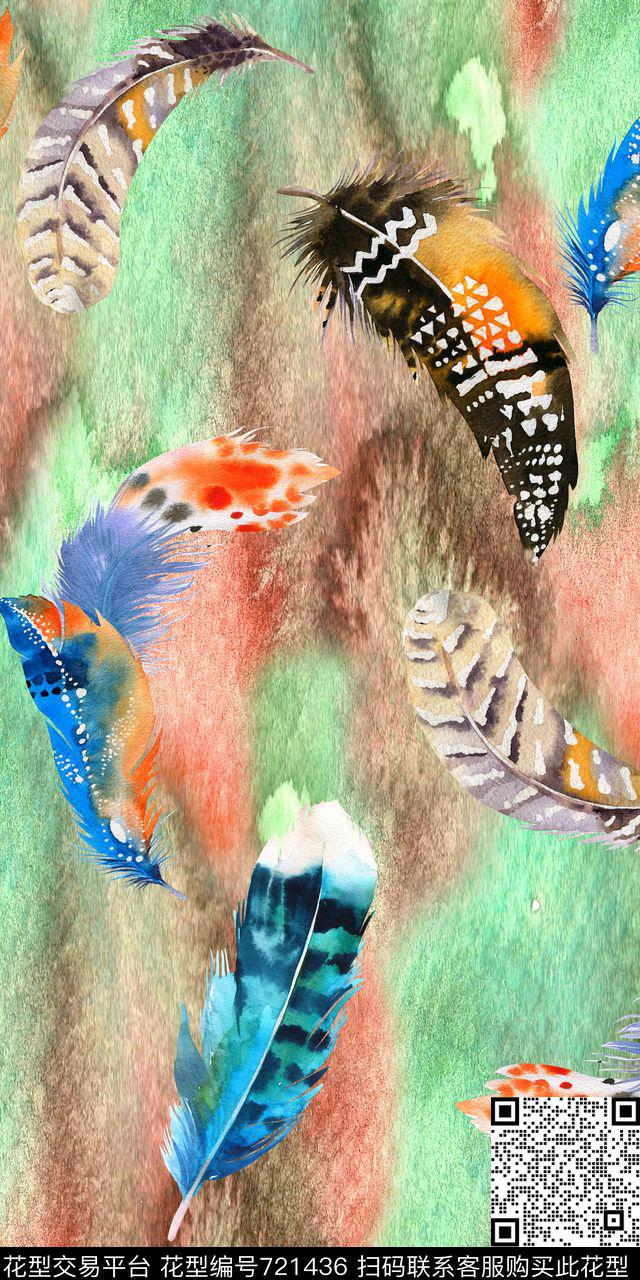 抽象水彩羽毛数码印花华亿平台下载（图片编号: 721436） - 瓦栏（Walan）