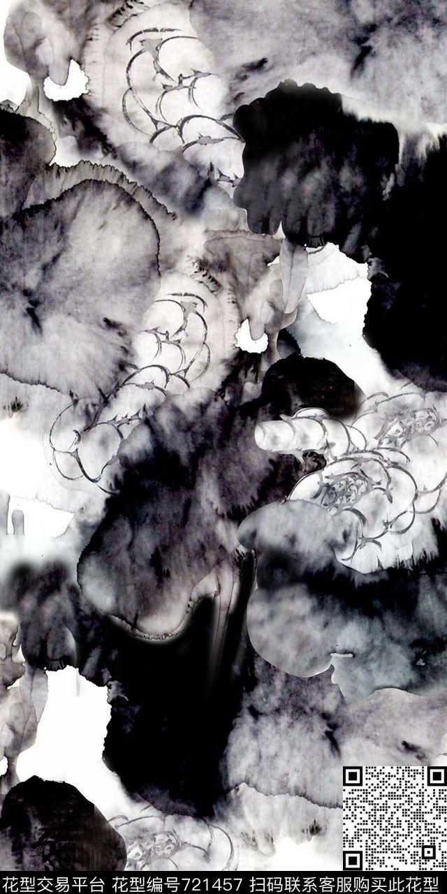 抽象花卉荷叶水墨数码印花华亿平台下载（图片编号: 721457） - 瓦栏（Walan）