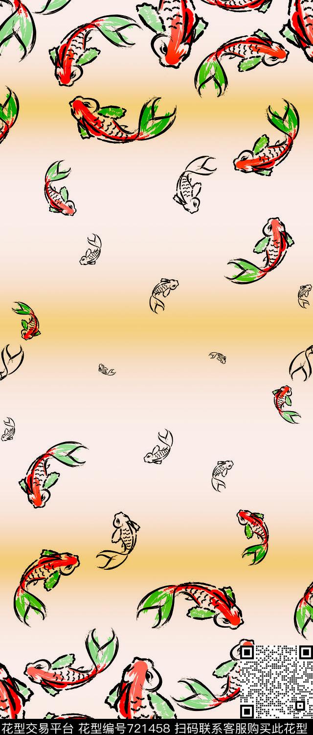 卡通鱼渐变条纹传统印花华亿平台下载（图片编号: 721458） - 瓦栏（Walan）