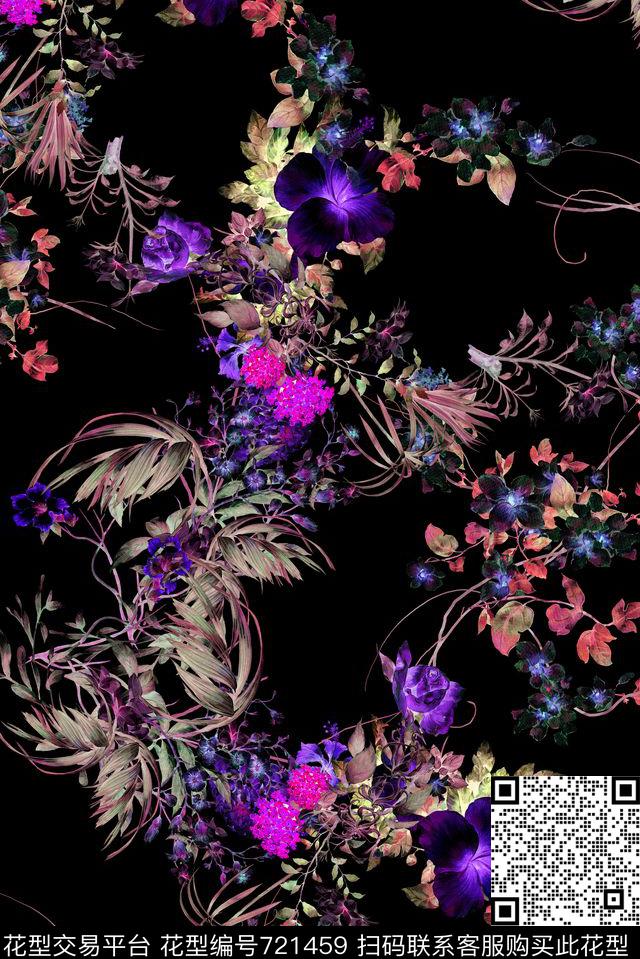 手绘花卉绿叶数码印花华亿平台下载（图片编号: 721459） - 瓦栏（Walan）