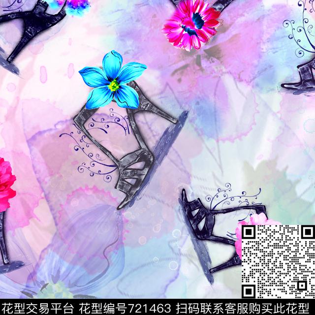 花卉高跟鞋手绘数码印花华亿平台下载（图片编号: 721463） - 瓦栏（Walan）