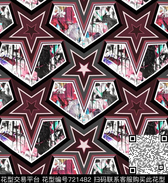 五角星花卉几何数码印花华亿平台下载（图片编号: 721482） - 瓦栏（Walan）