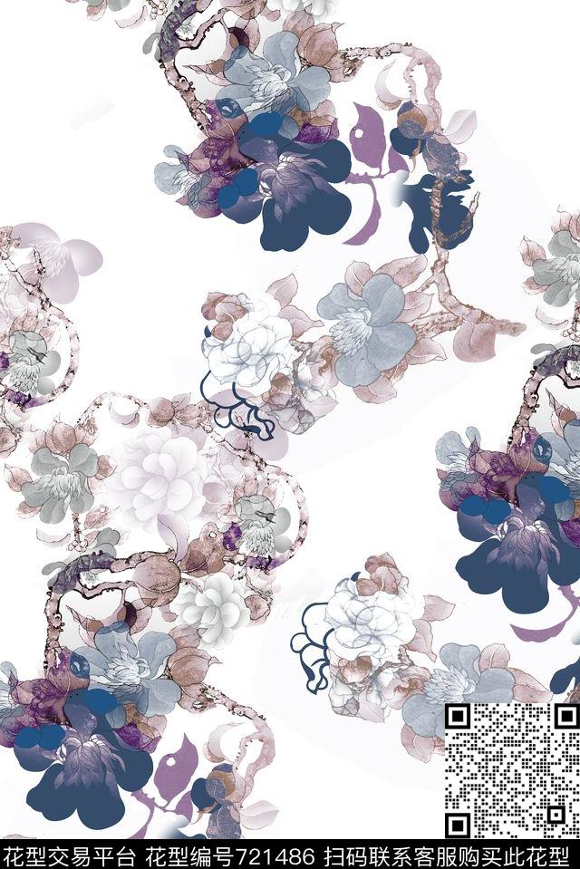 大花牡丹玫瑰数码印花华亿平台下载（图片编号: 721486） - 瓦栏（Walan）