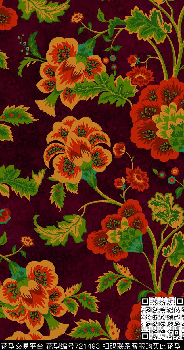民族风花卉写意数码印花华亿平台下载（图片编号: 721493） - 瓦栏（Walan）