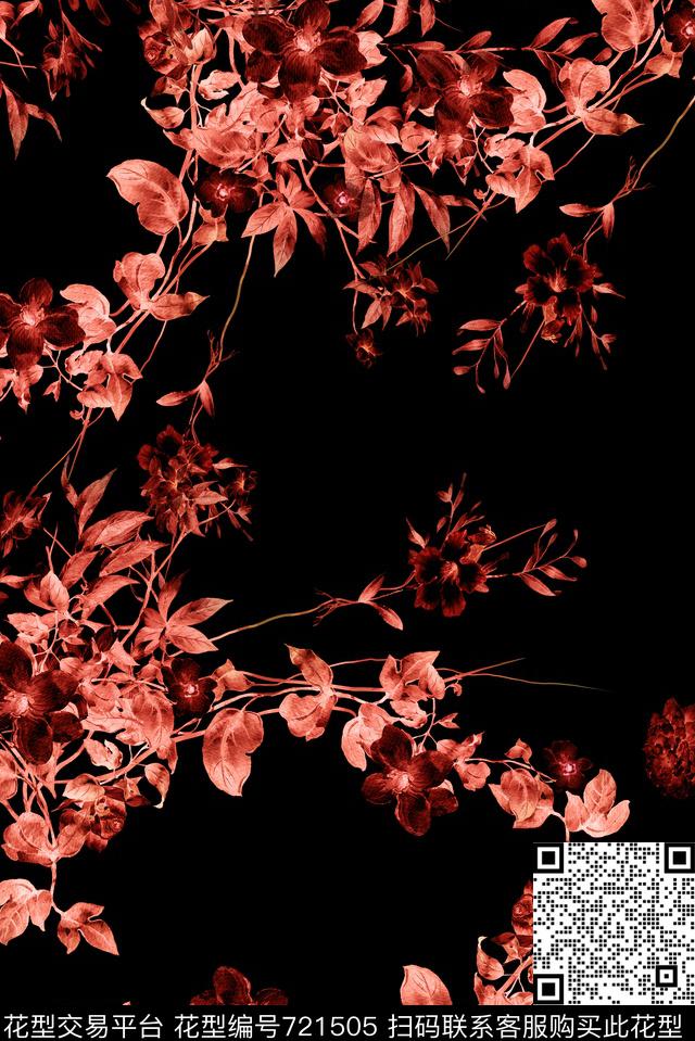 手绘花卉绿叶数码印花华亿平台下载（图片编号: 721505） - 瓦栏（Walan）