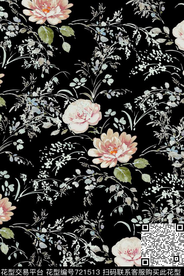 手绘玫瑰花卉数码印花华亿平台下载（图片编号: 721513） - 瓦栏（Walan）