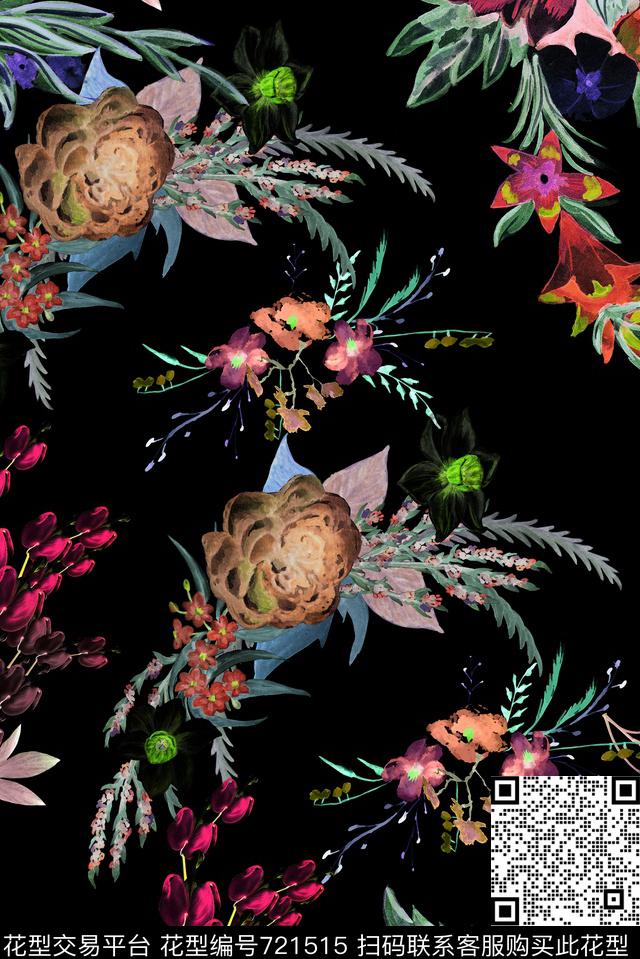 复古手绘植物数码印花华亿平台下载（图片编号: 721515） - 瓦栏（Walan）